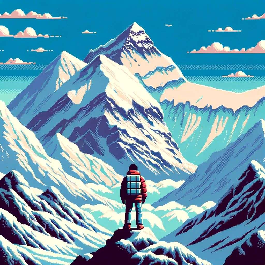 someone gazing at Mount Everest, old computer game graphics